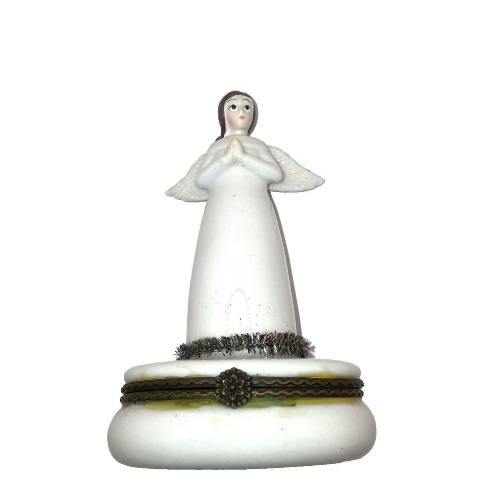 Praying Angel Porcelain Hinged Trinket Box Tooth Fairy Keeper White Glitter Wing
